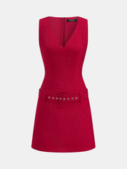 Belted V-Neck Sleeveless Mini Dress