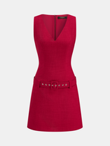 Belted V-Neck Sleeveless Mini Dress