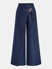 Buckle-Waist Overlap Wide Leg Pants