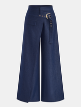 Buckle-Waist Overlap Wide Leg Pants