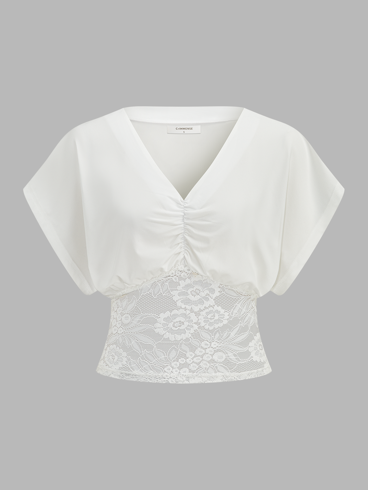 Lace Waist V-Neck Ruched Blouse