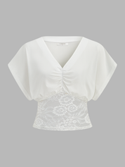 Lace Waist V-Neck Ruched Blouse