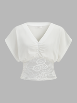 Lace Waist V-Neck Ruched Blouse