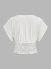 Lace Waist V-Neck Ruched Blouse