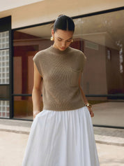 Sleeveless Mock Neck Pocket Knit Top