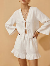 Cotton Tie-Front Blouse & Ruffled Shorts Set