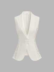 Lace Panel Frog Button Linen Blend Blazer Vest