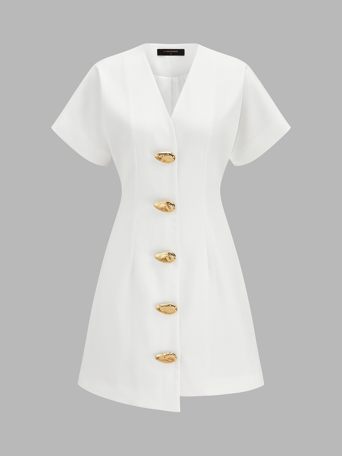 V Neck Short Sleeve Metal Button Mini Dress