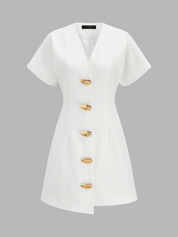 V Neck Short Sleeve Metal Button Mini Dress