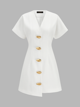 V Neck Short Sleeve Metal Button Mini Dress