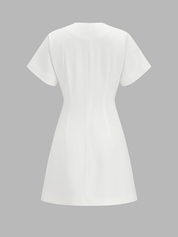 V Neck Short Sleeve Metal Button Mini Dress