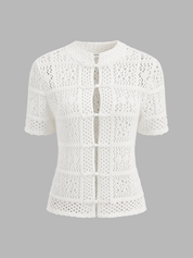 Frog Button Crochet Knit Short Sleeve Top
