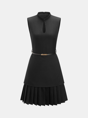 Sleeveless Keyhole Pleated Belted Mini Dress
