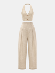 Linen Blend Halter Crop Top & Pants Set