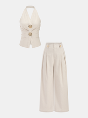 Linen Blend Halter Ruched Top & Pants Set