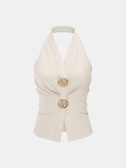 Linen Blend Halter Ruched Top & Pants Set