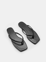 Cow Leather Square Toe Braided Thong Flip-Flops