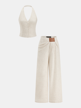 Linen Blend Halter Buttoned Top & Pants Set
