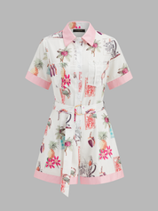 Cotton Linen Tropical Print Belted Romper