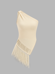 One Shoulder Fringe Knitted Tank Top