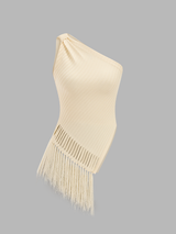 One Shoulder Fringe Knitted Tank Top