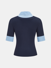 2 in 1 Striped Collar Elbow Sleeve Blouse