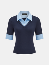 2 in 1 Striped Collar Elbow Sleeve Blouse