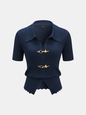 Short Sleeve Collared Buckle Rib Knit Top