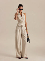 Linen Blend Halter Ruched Top & Pants Set