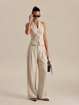Linen Blend Halter Ruched Top & Pants Set
