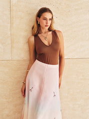 V-Neck Top & Sunset Bird Print Skirt Set