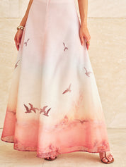 V-Neck Top & Sunset Bird Print Skirt Set