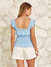 Ruffle Square Neck Eyelet Knit Top