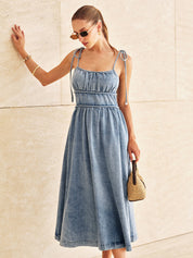 Denim Tie-Strap Tiered Midi Dress