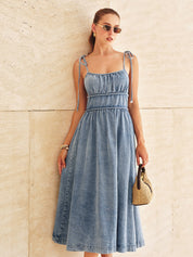 Denim Tie-Strap Tiered Midi Dress