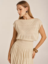 Openwork Knit Boat Neck Sleeveless Top