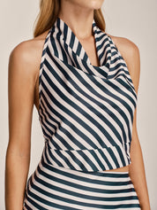 Striped Halter Top & Asymmetrical Midi Skirt Set