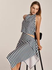 Striped Halter Top & Asymmetrical Midi Skirt Set