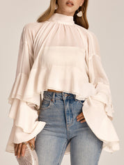 Chiffon High Neck Ruffle Bell Sleeve Blouse