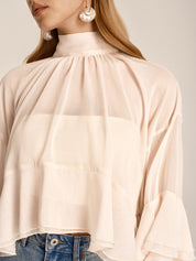 Chiffon High Neck Ruffle Bell Sleeve Blouse