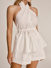 Cotton Blend Halter Peplum Top & Shorts Set
