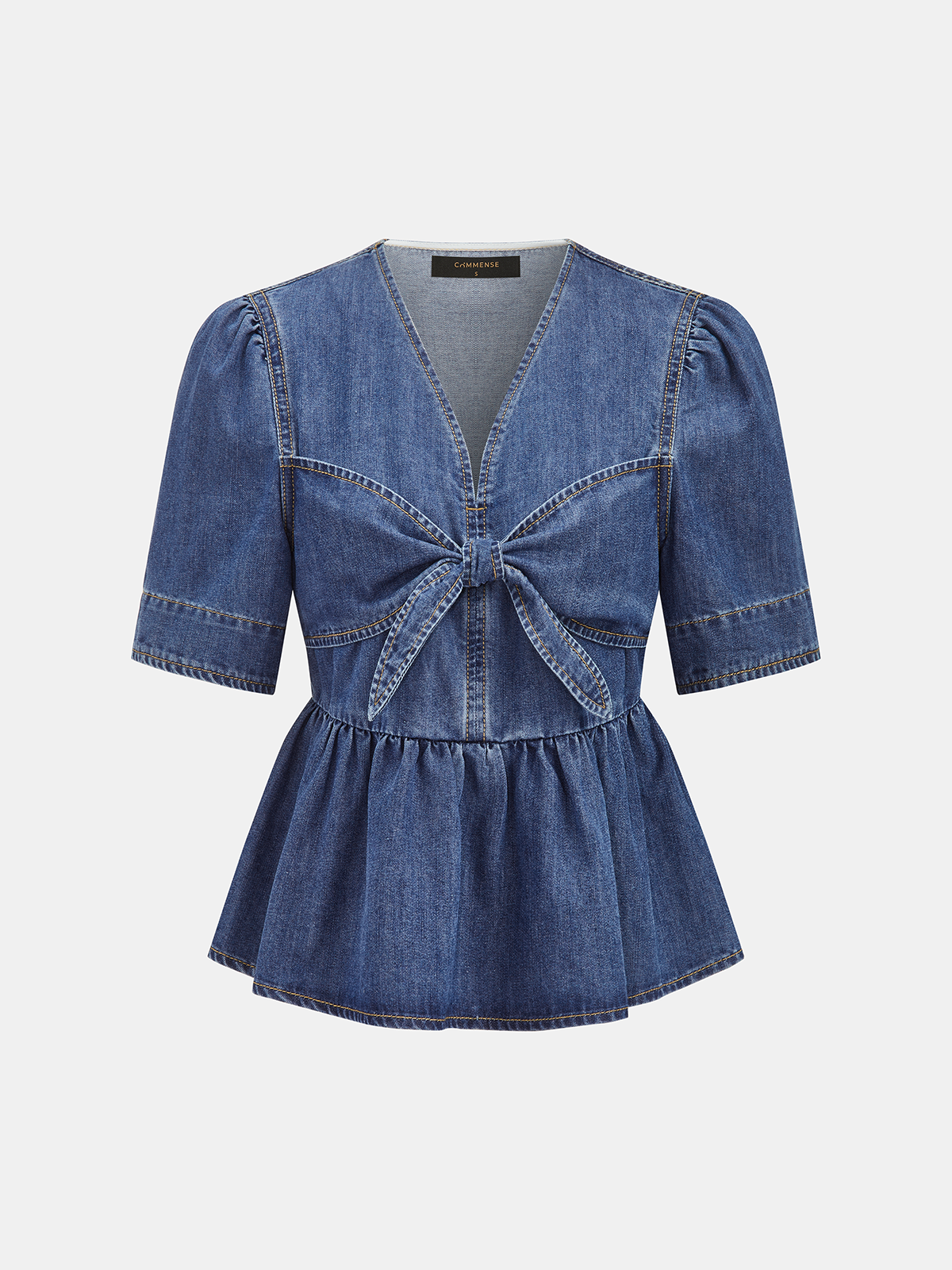 Denim V-Neck Bow Peplum Blouse