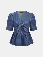 Denim V-Neck Bow Peplum Blouse