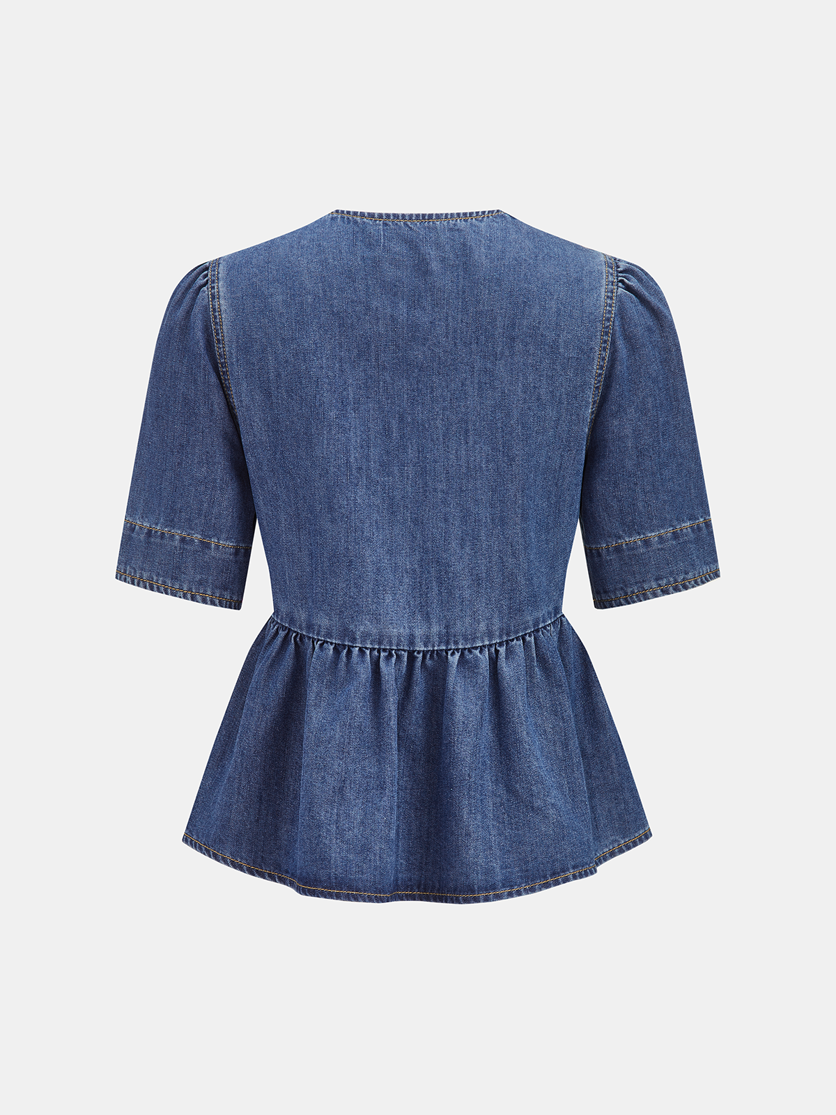 Denim V-Neck Bow Peplum Blouse