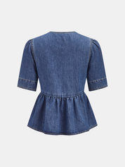 Denim V-Neck Bow Peplum Blouse