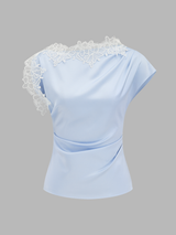 Asymmetric Lace Trim Ruched Blouse