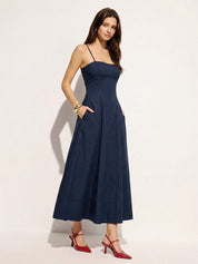 Cotton Blend Pocketed Cami Flared Maxi Dress