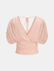 Mesh Puff Sleeve Deep V Neck Top