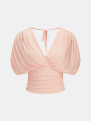 Mesh Puff Sleeve Deep V Neck Top