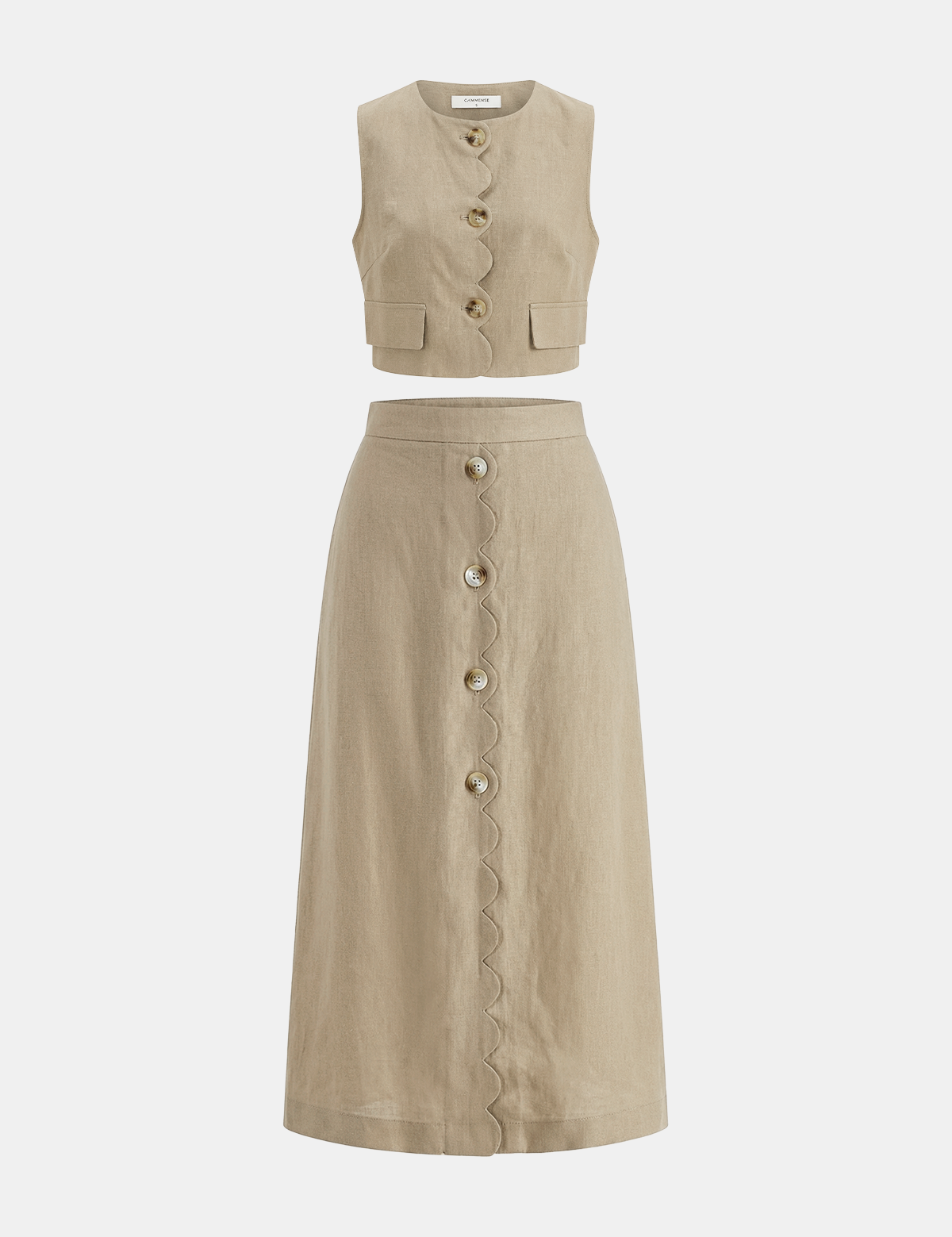 Cotton Linen Scallop Trim Vest & Skirt Set